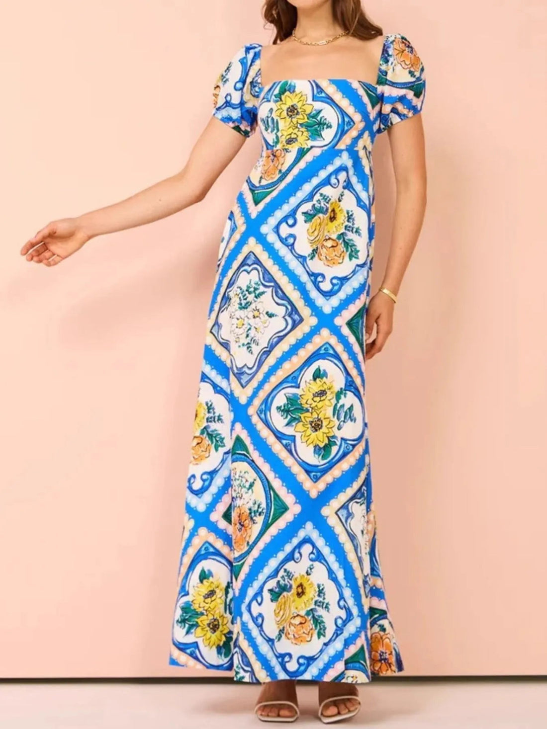 Printed Square Neck Puff Sleeve Maxi Dress - Lookzlike