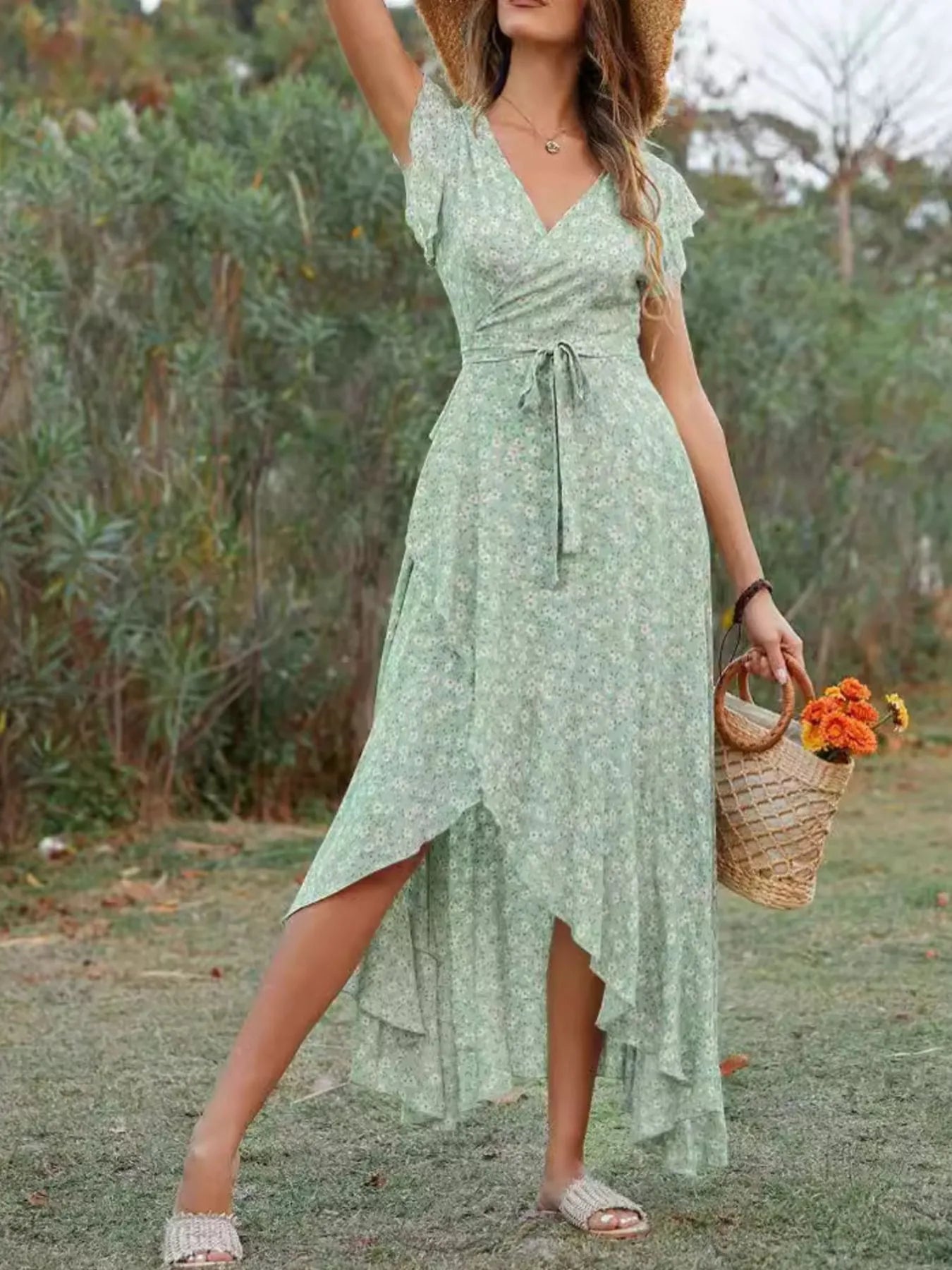 Printed Surplice Ruffle Sleeve Dress designed for comfort and style at Lookzlike