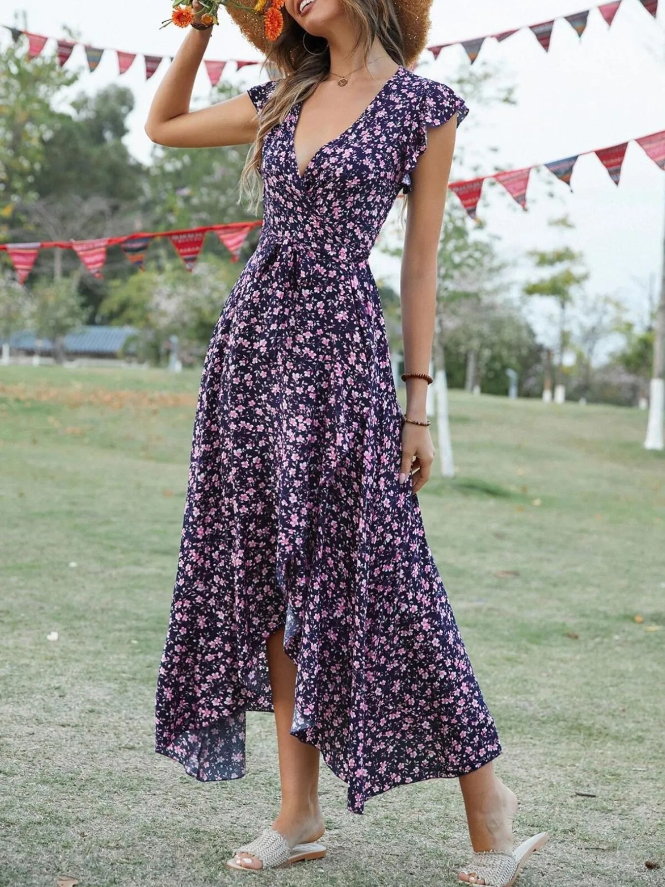 Printed Surplice Ruffle Sleeve Dress designed for comfort and style at Lookzlike
