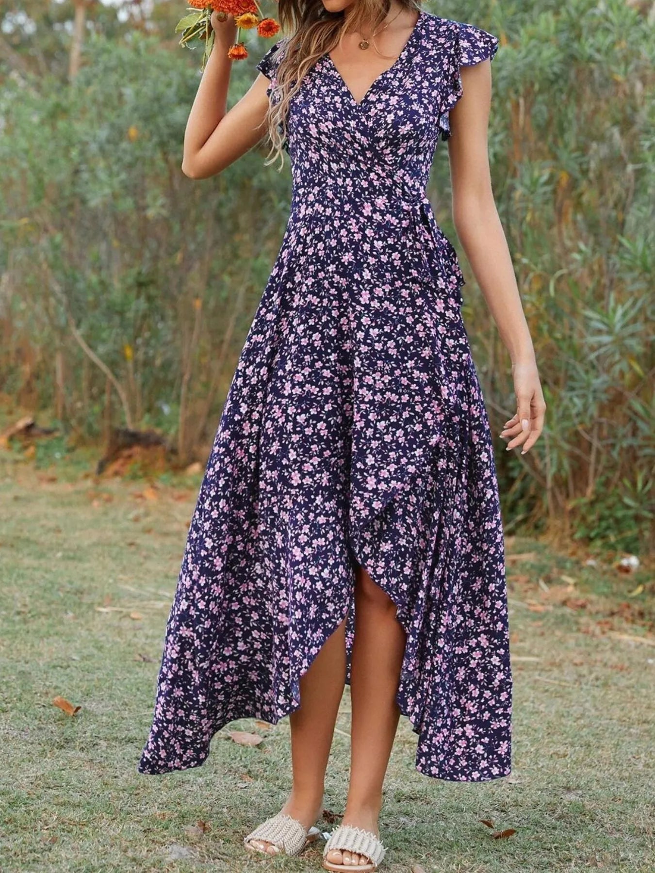 Printed Surplice Ruffle Sleeve Dress designed for comfort and style at Lookzlike