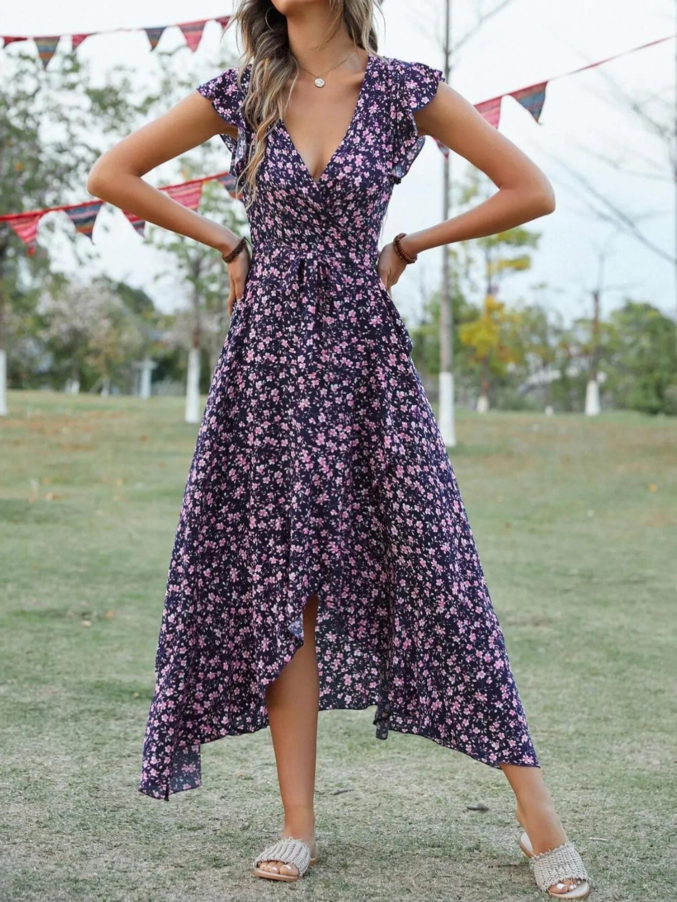 Printed Surplice Ruffle Sleeve Dress designed for comfort and style at Lookzlike