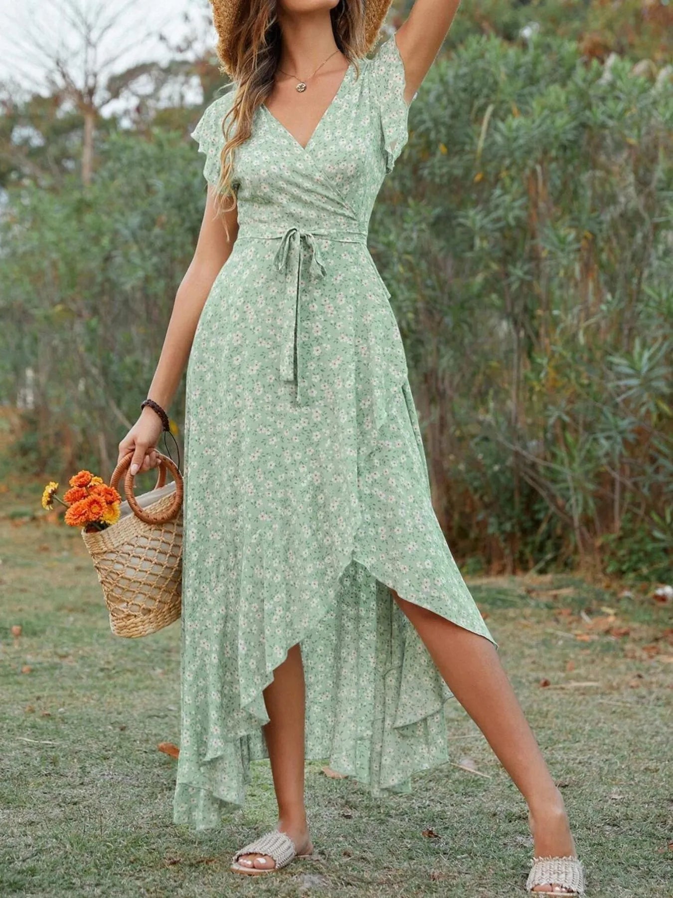Printed Surplice Ruffle Sleeve Dress designed for comfort and style at Lookzlike