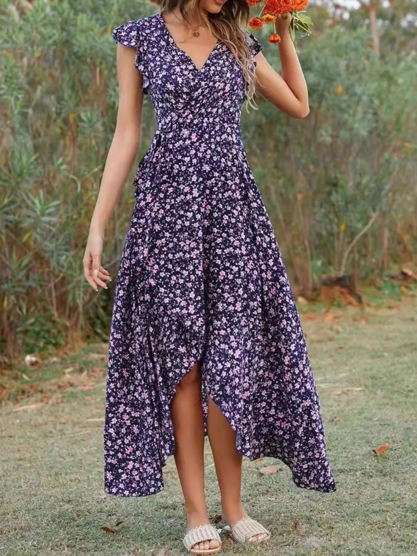 Printed Surplice Ruffle Sleeve Dress designed for comfort and style at Lookzlike
