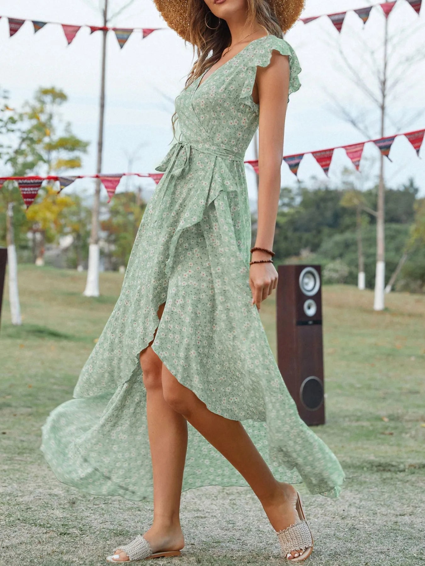 Printed Surplice Ruffle Sleeve Dress designed for comfort and style at Lookzlike