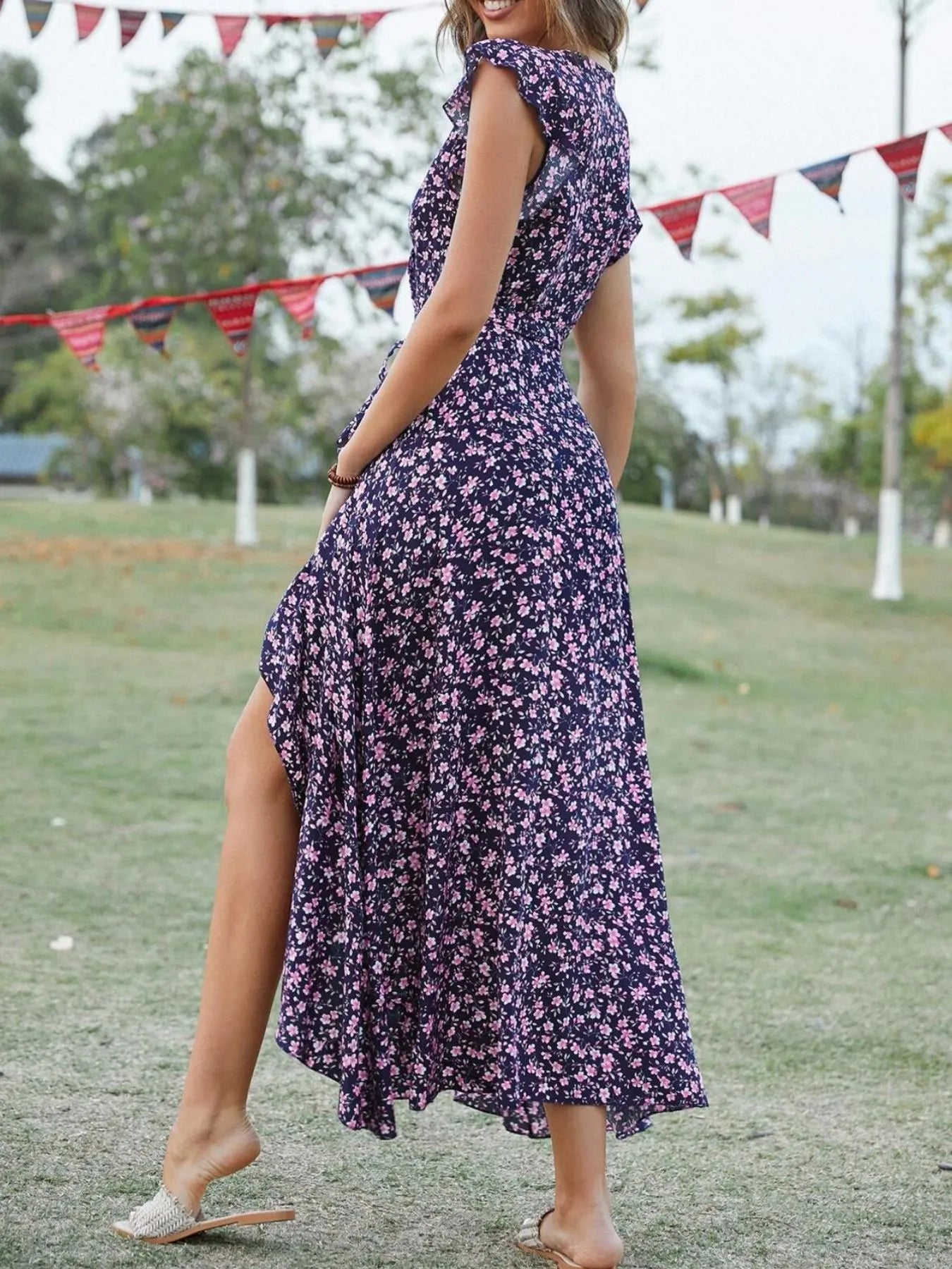 Printed Surplice Ruffle Sleeve Dress designed for comfort and style at Lookzlike