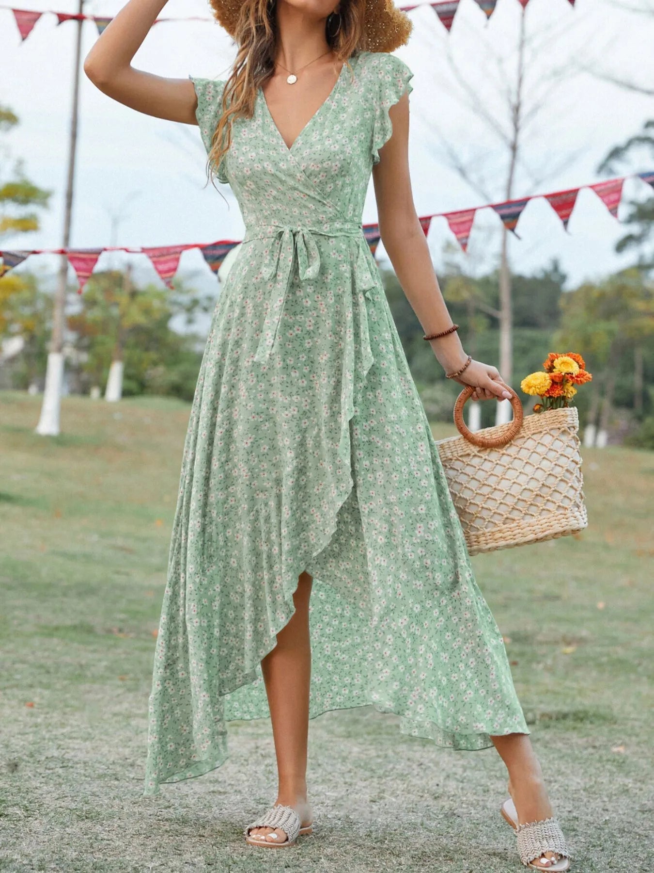 Printed Surplice Ruffle Sleeve Dress designed for comfort and style at Lookzlike