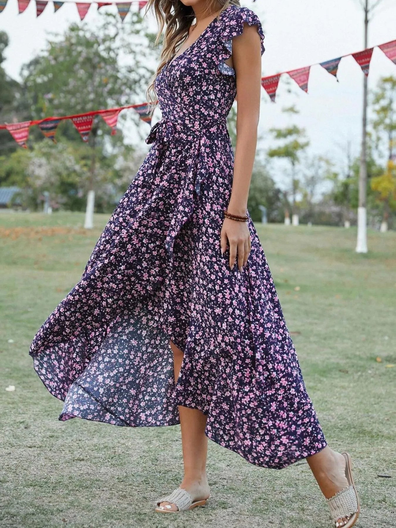 Printed Surplice Ruffle Sleeve Dress designed for comfort and style at Lookzlike
