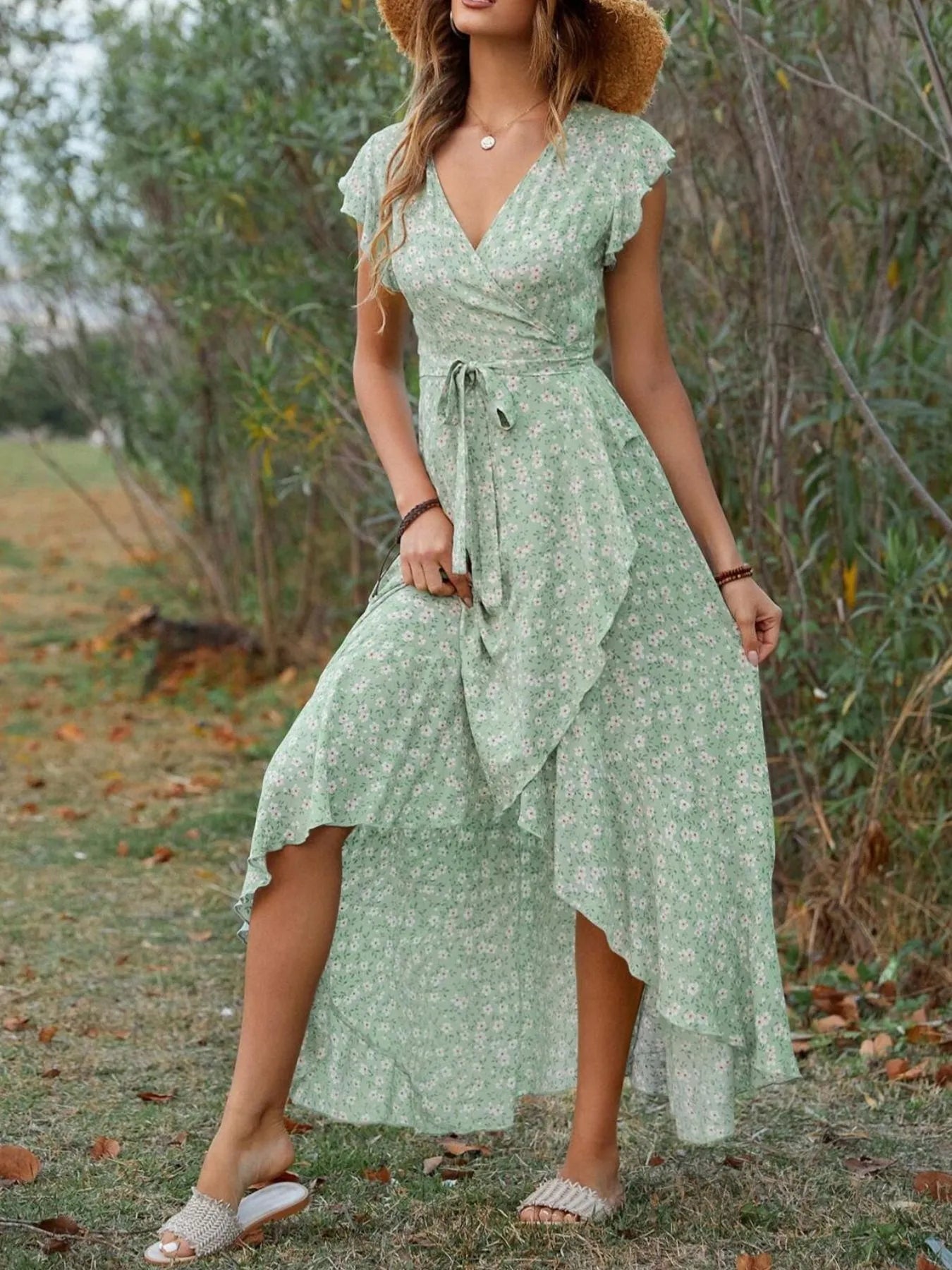 Printed Surplice Ruffle Sleeve Dress designed for comfort and style at Lookzlike