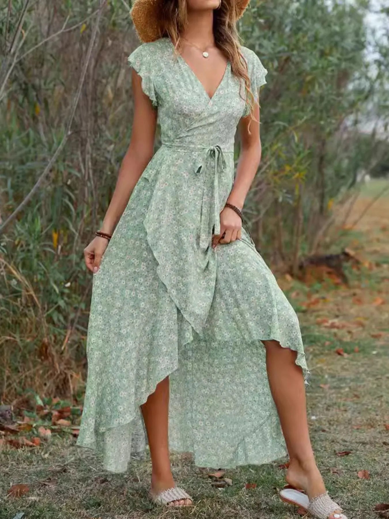 Printed Surplice Ruffle Sleeve Dress designed for comfort and style at Lookzlike
