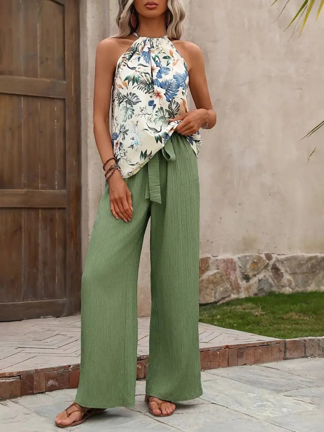 Printed Tank Top and Wide Leg Pants Set - Lookzlike