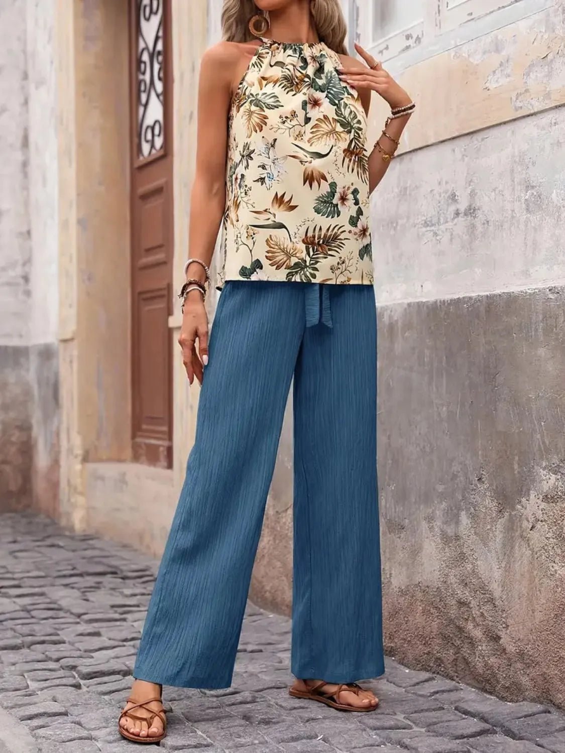 Printed Tank Top and Wide Leg Pants Set - Lookzlike