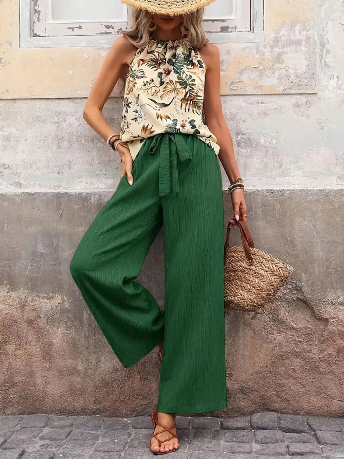 Printed Tank Top and Wide Leg Pants Set - Lookzlike