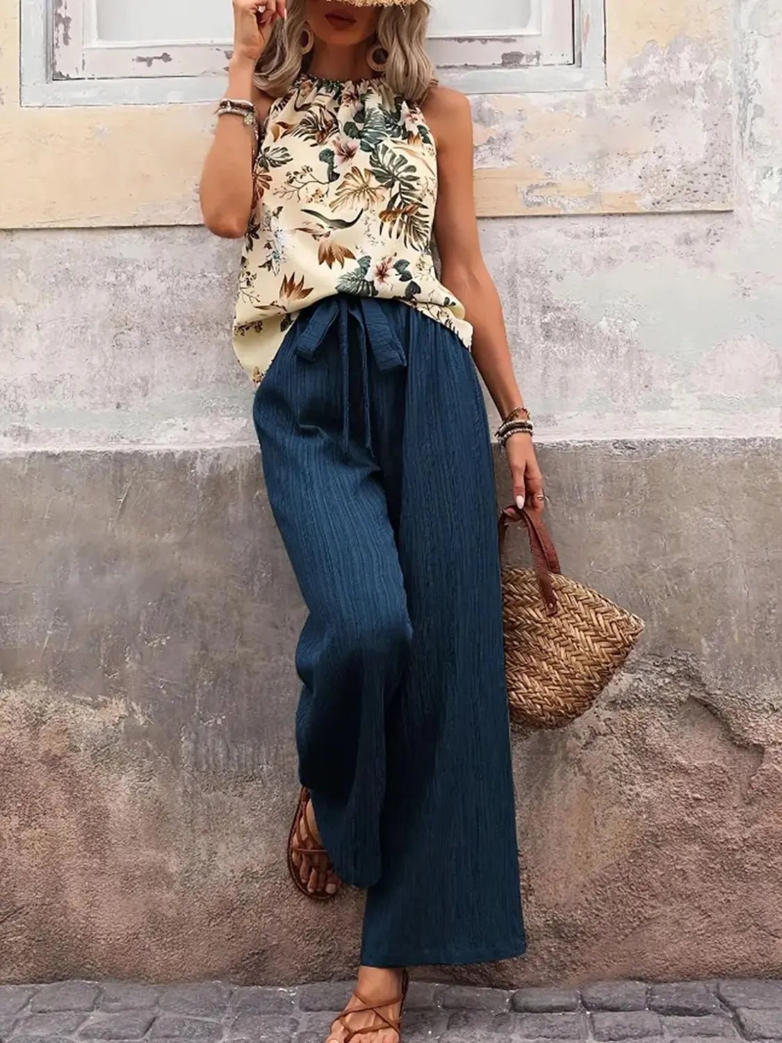 Printed Tank Top and Wide Leg Pants Set - Lookzlike