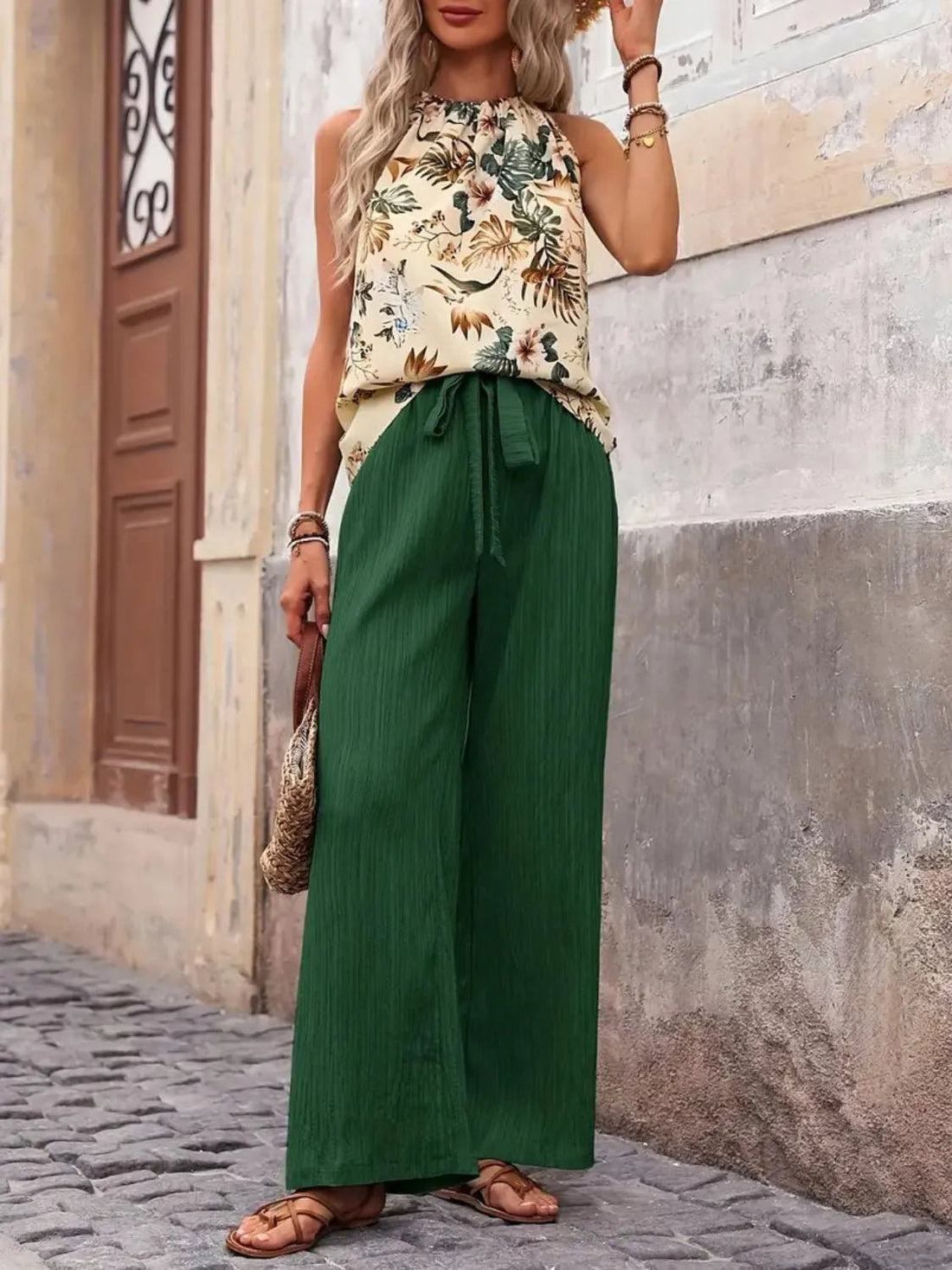 Printed Tank Top and Wide Leg Pants Set - Lookzlike
