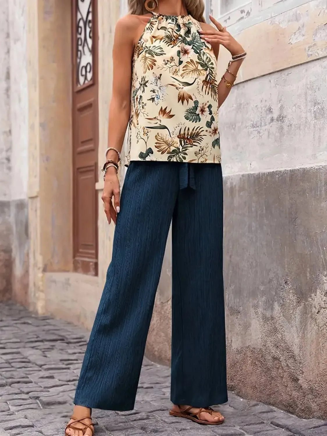 Printed Tank Top and Wide Leg Pants Set - Lookzlike