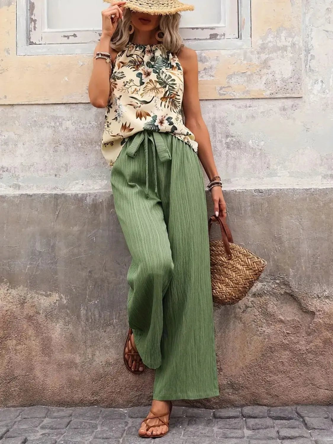Printed Tank Top and Wide Leg Pants Set - Lookzlike
