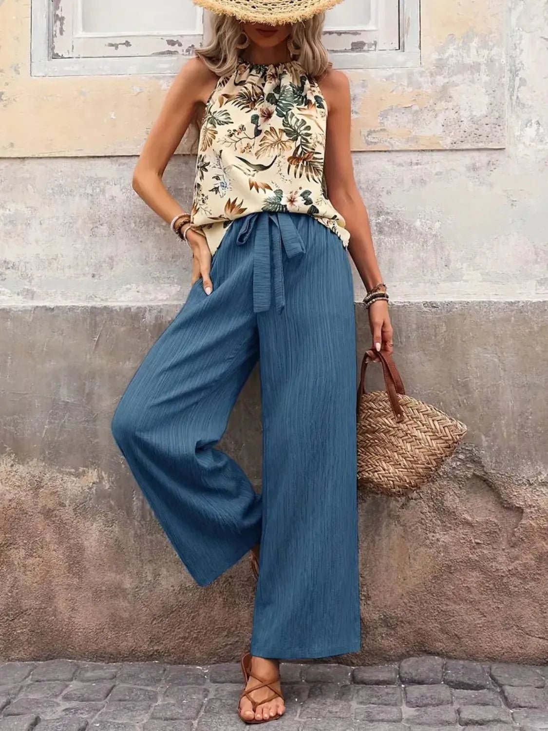 Printed Tank Top and Wide Leg Pants Set - Lookzlike