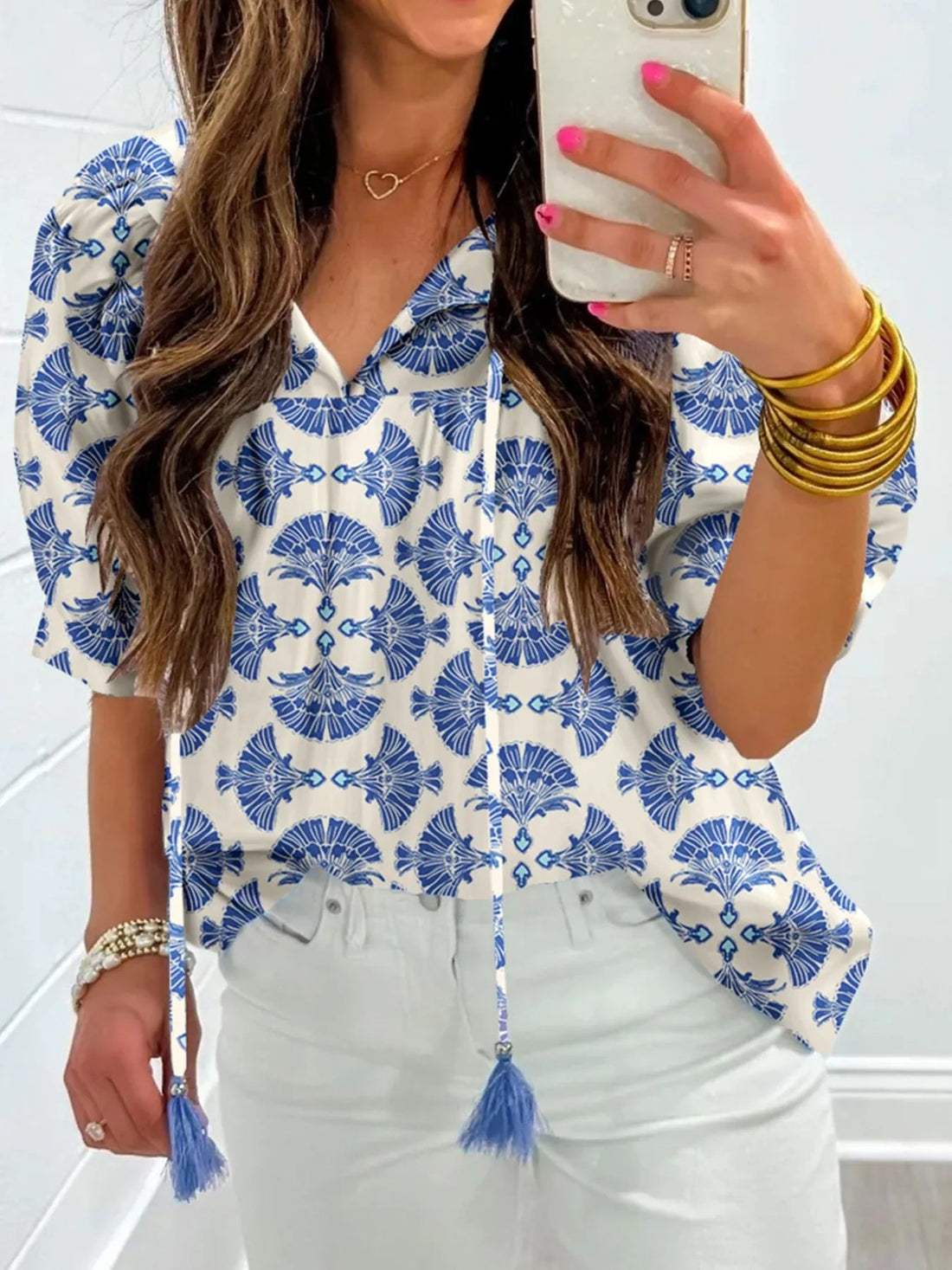Printed Tassel Tie Neck Blouse - Lookzlike