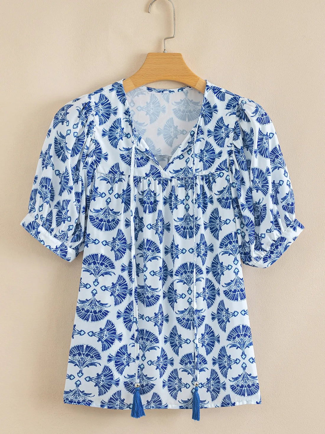 Printed Tassel Tie Neck Blouse - Lookzlike
