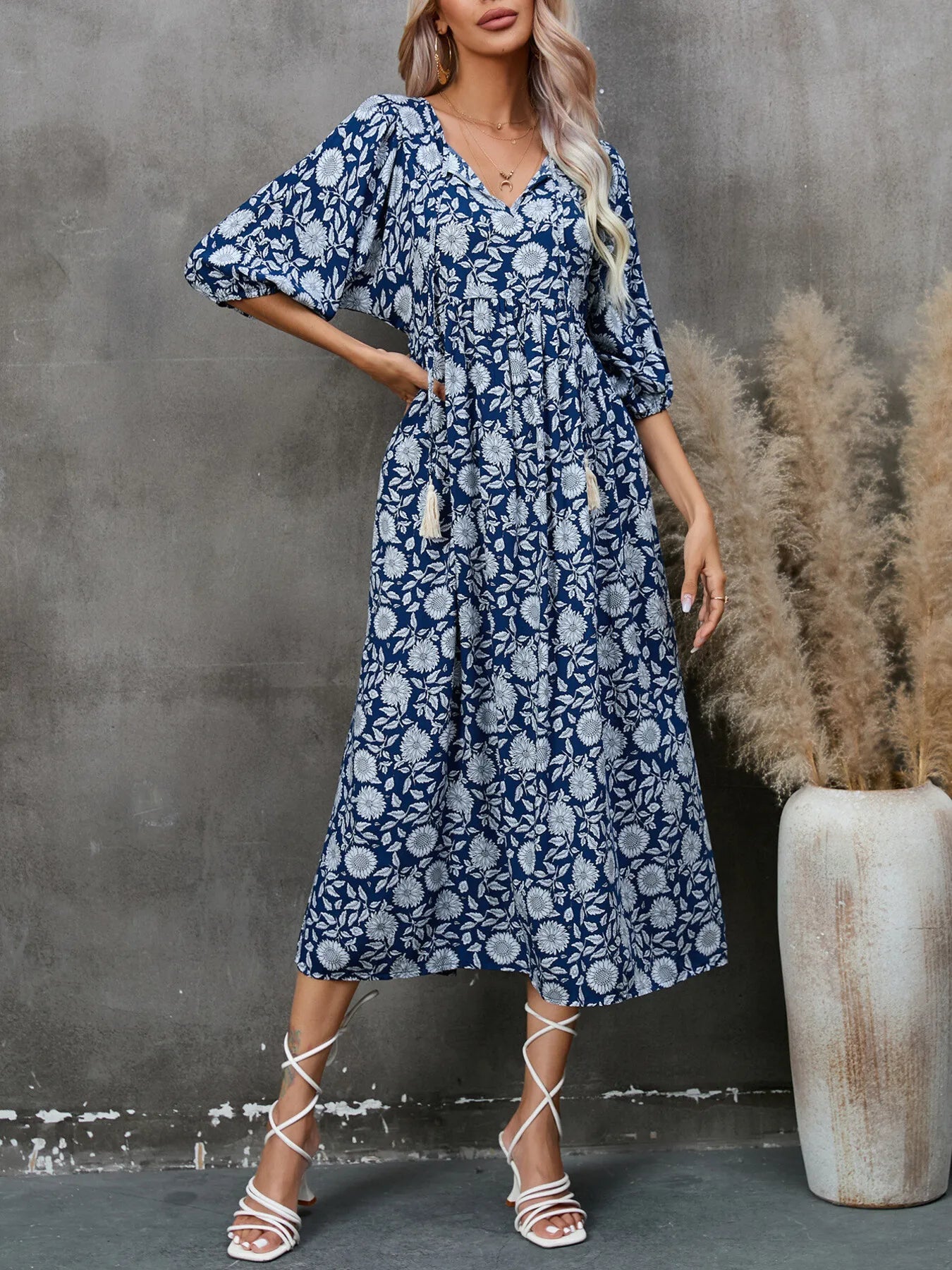Printed Tie Neck Midi Dress designed for comfort and style at Lookzlike