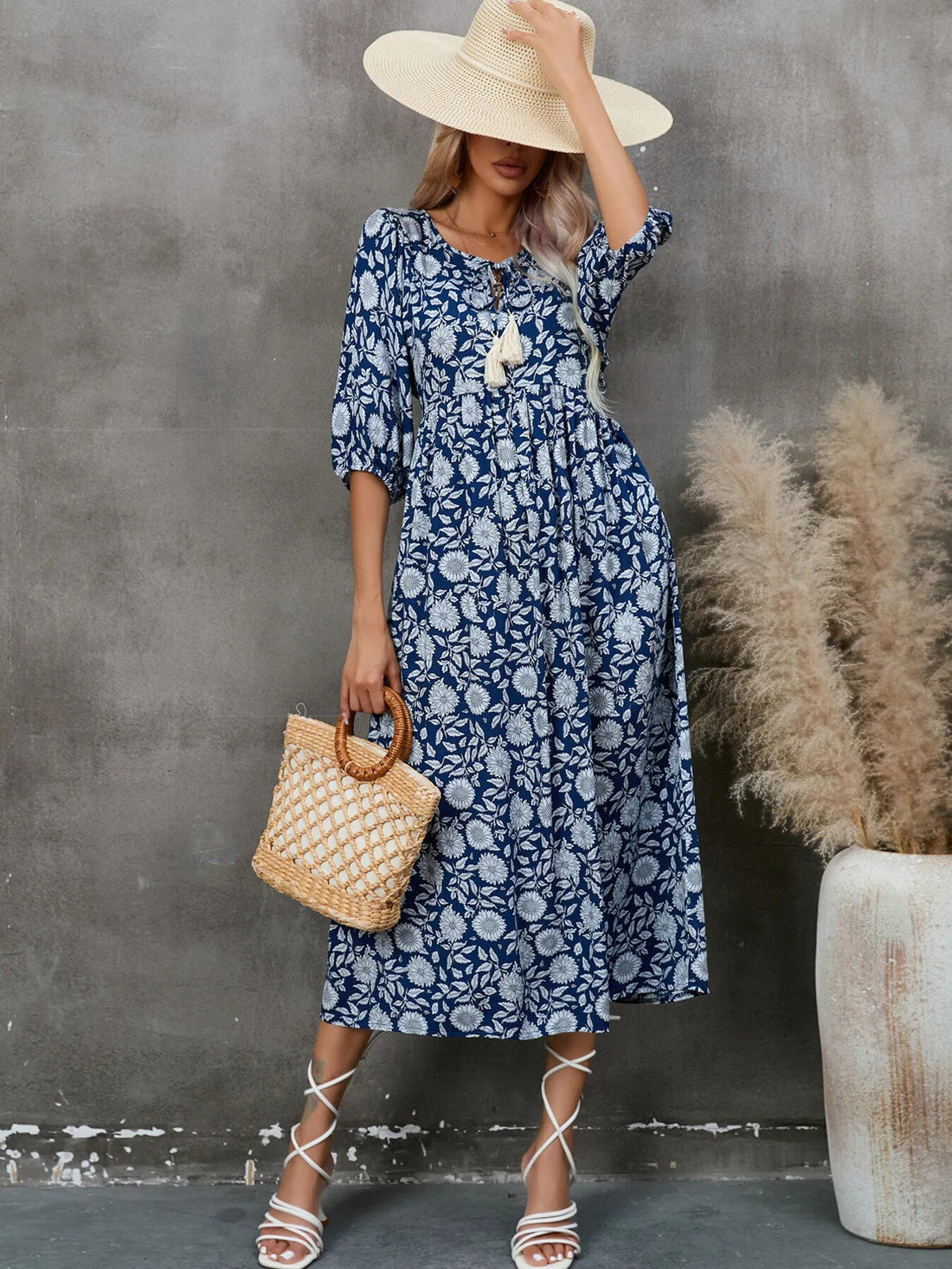 Printed Tie Neck Midi Dress designed for comfort and style at Lookzlike
