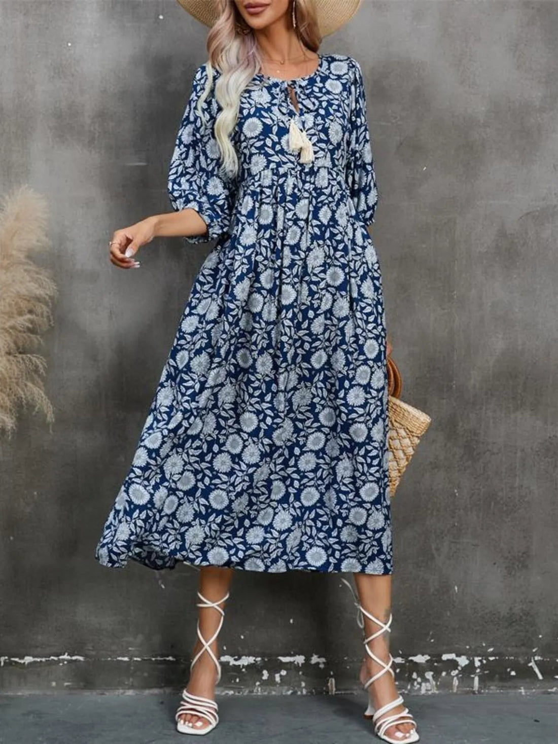 Printed Tie Neck Midi Dress designed for comfort and style at Lookzlike