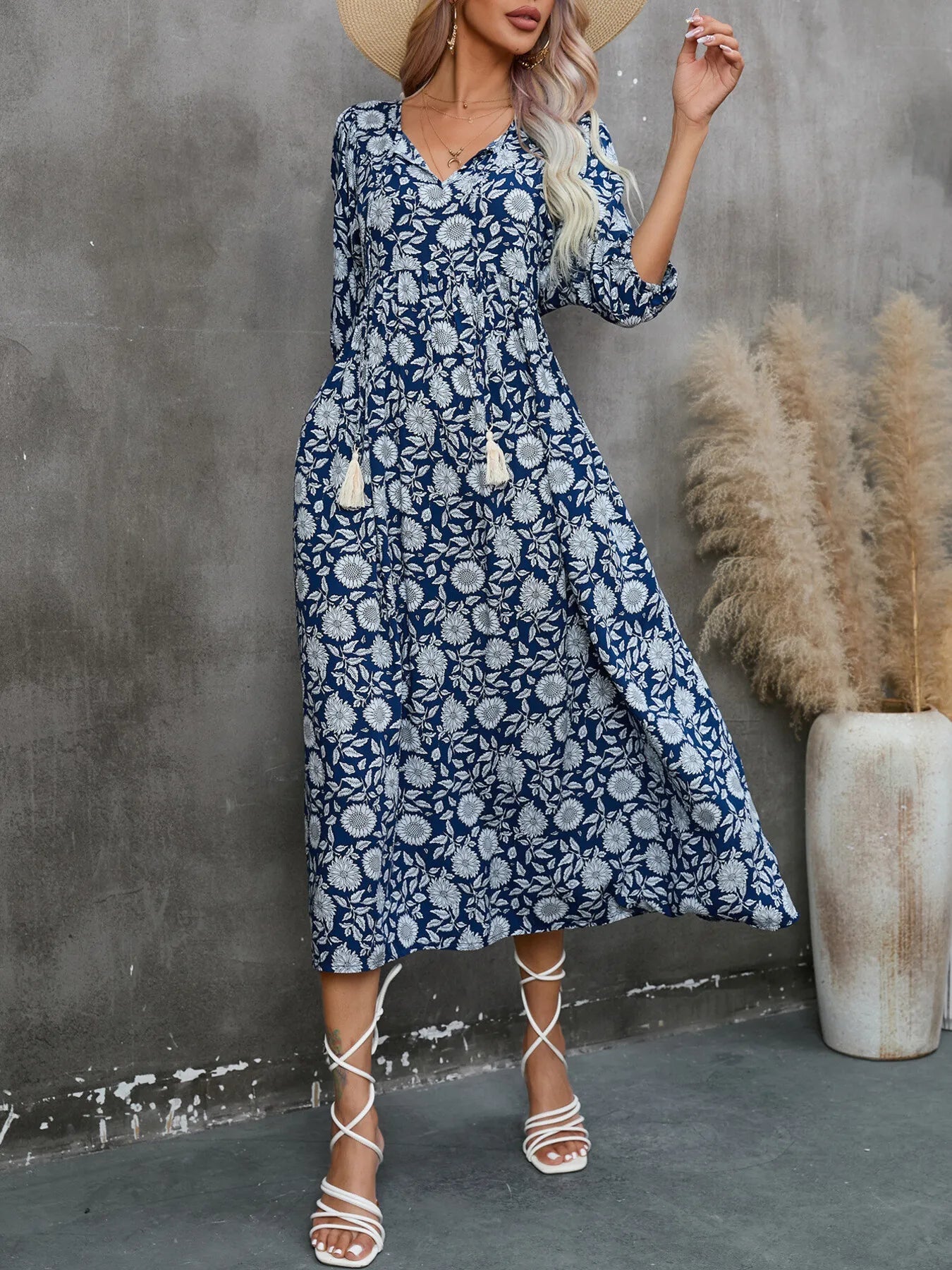 Printed Tie Neck Midi Dress designed for comfort and style at Lookzlike