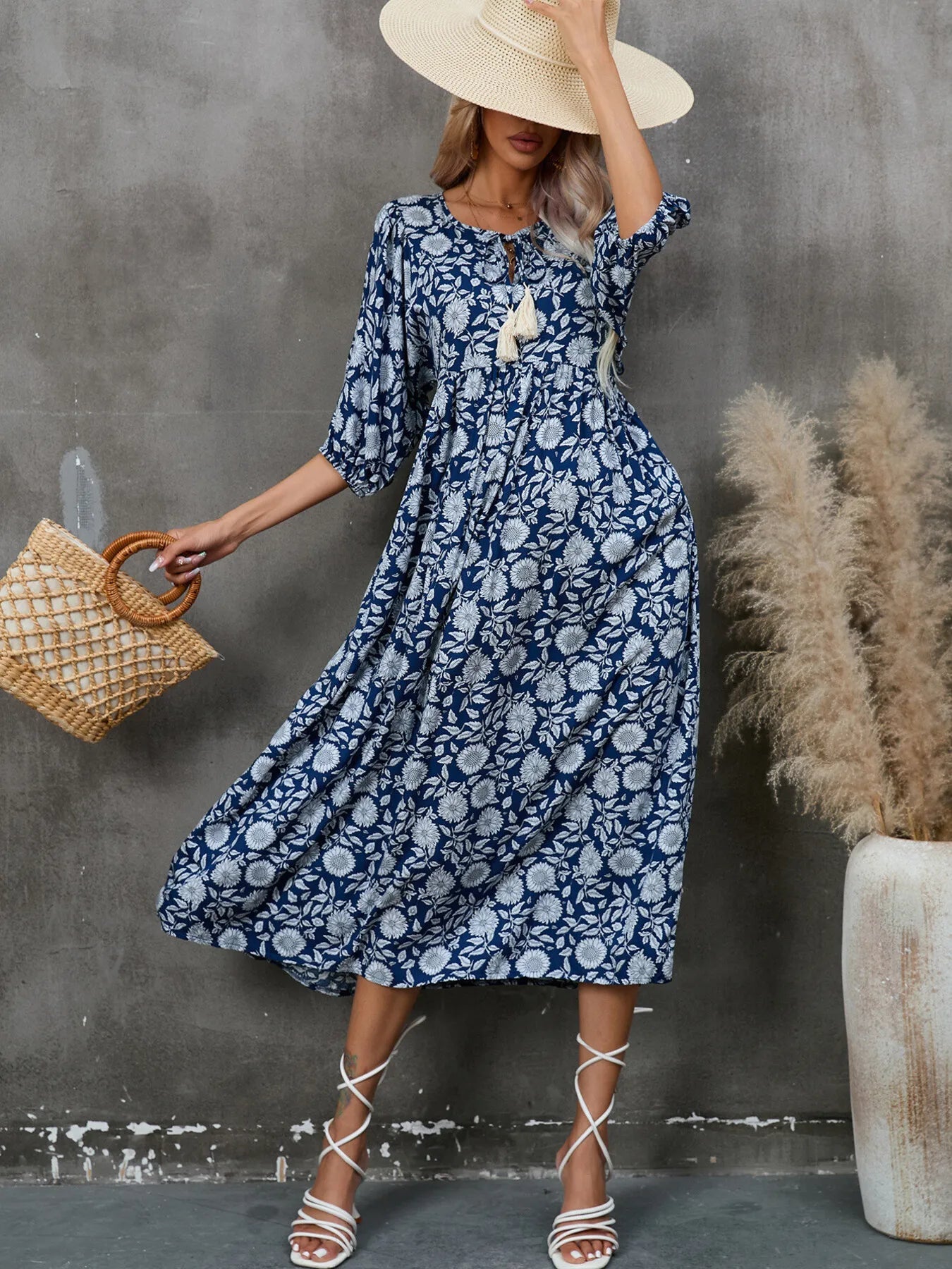 Printed Tie Neck Midi Dress designed for comfort and style at Lookzlike