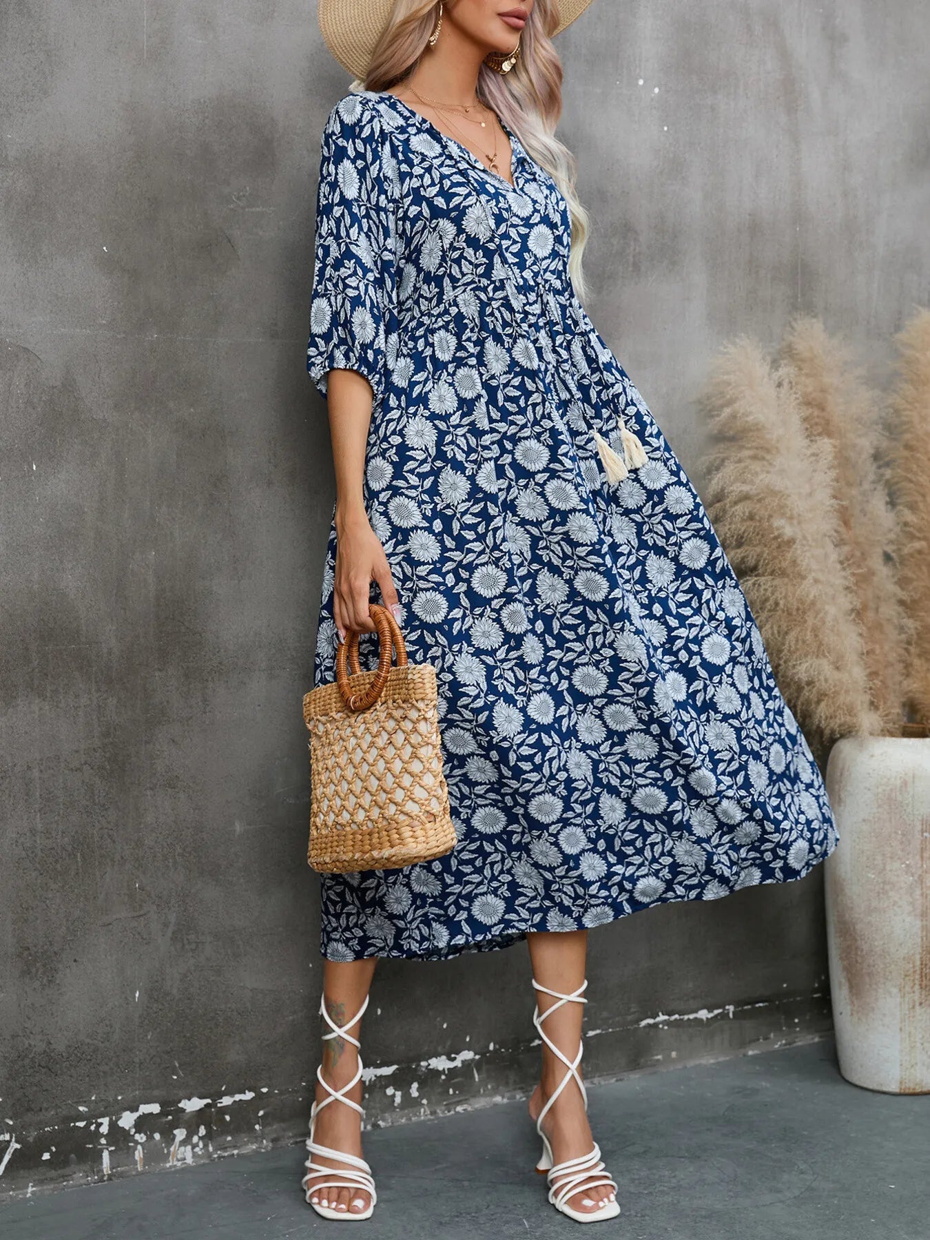 Printed Tie Neck Midi Dress designed for comfort and style at Lookzlike