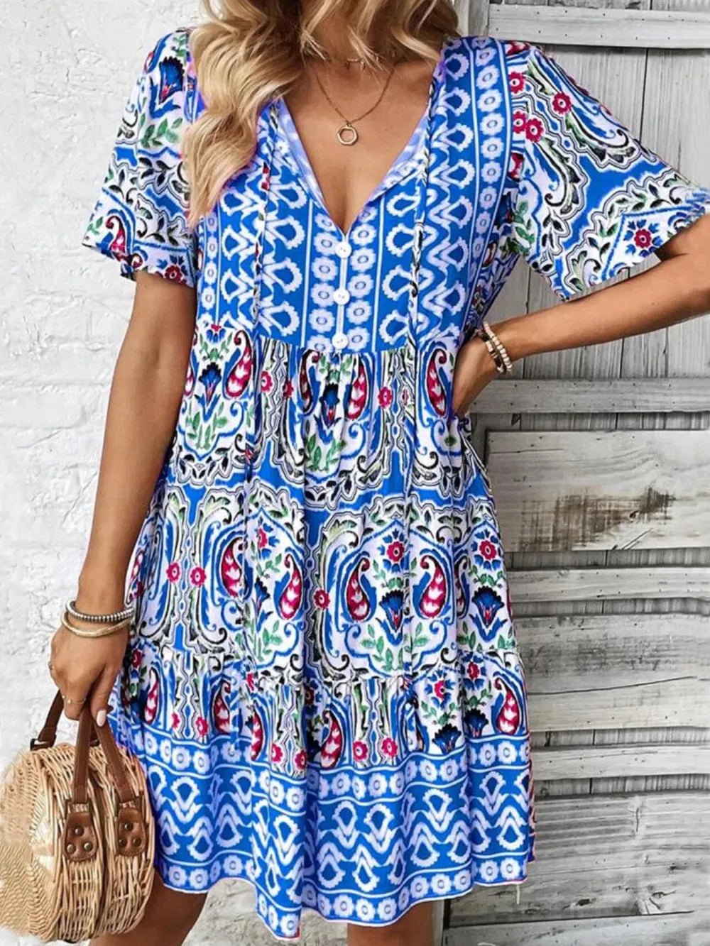 Printed Tie Neck Short Sleeve Dress - Lookzlike