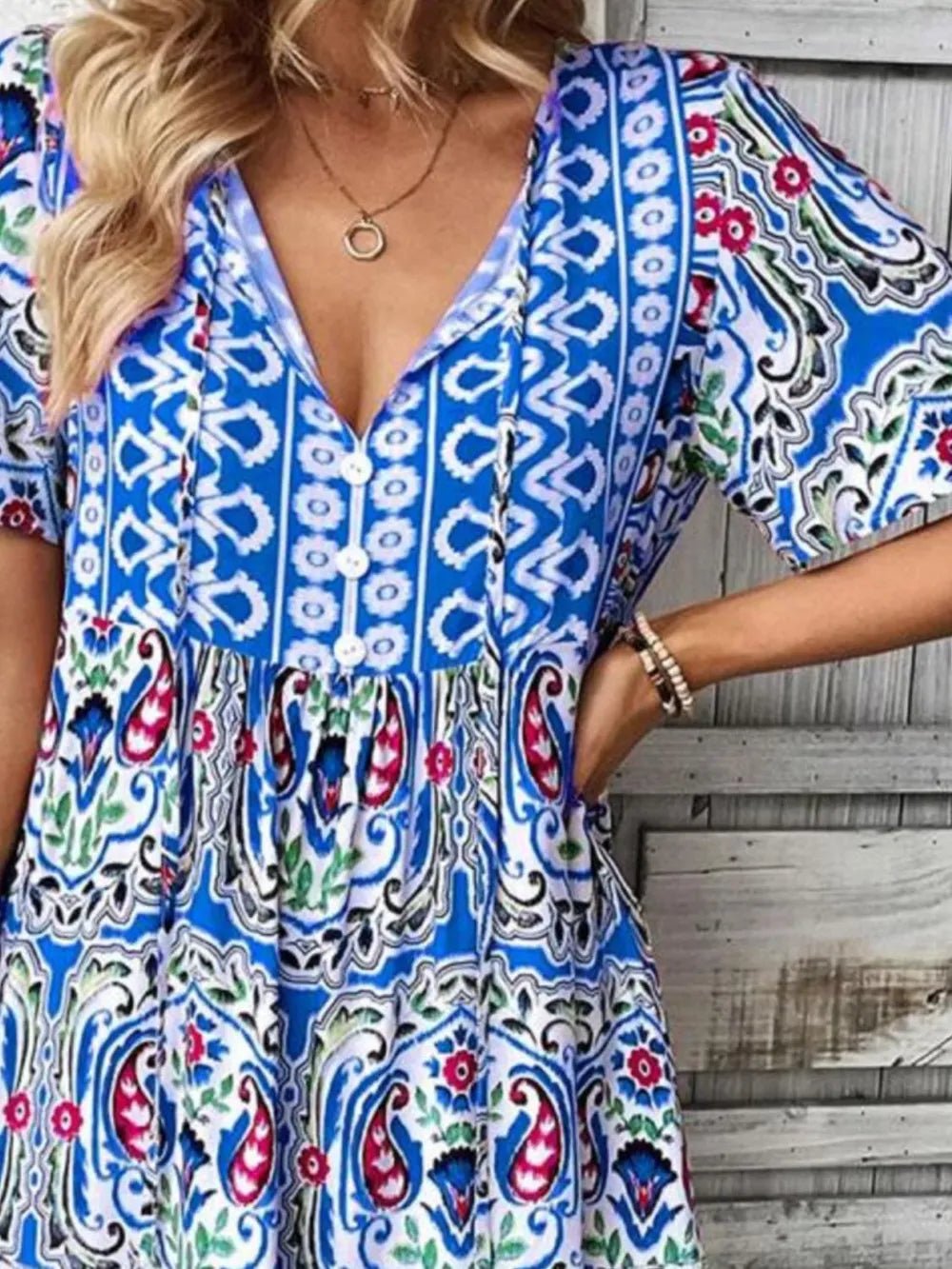 Printed Tie Neck Short Sleeve Dress - Lookzlike
