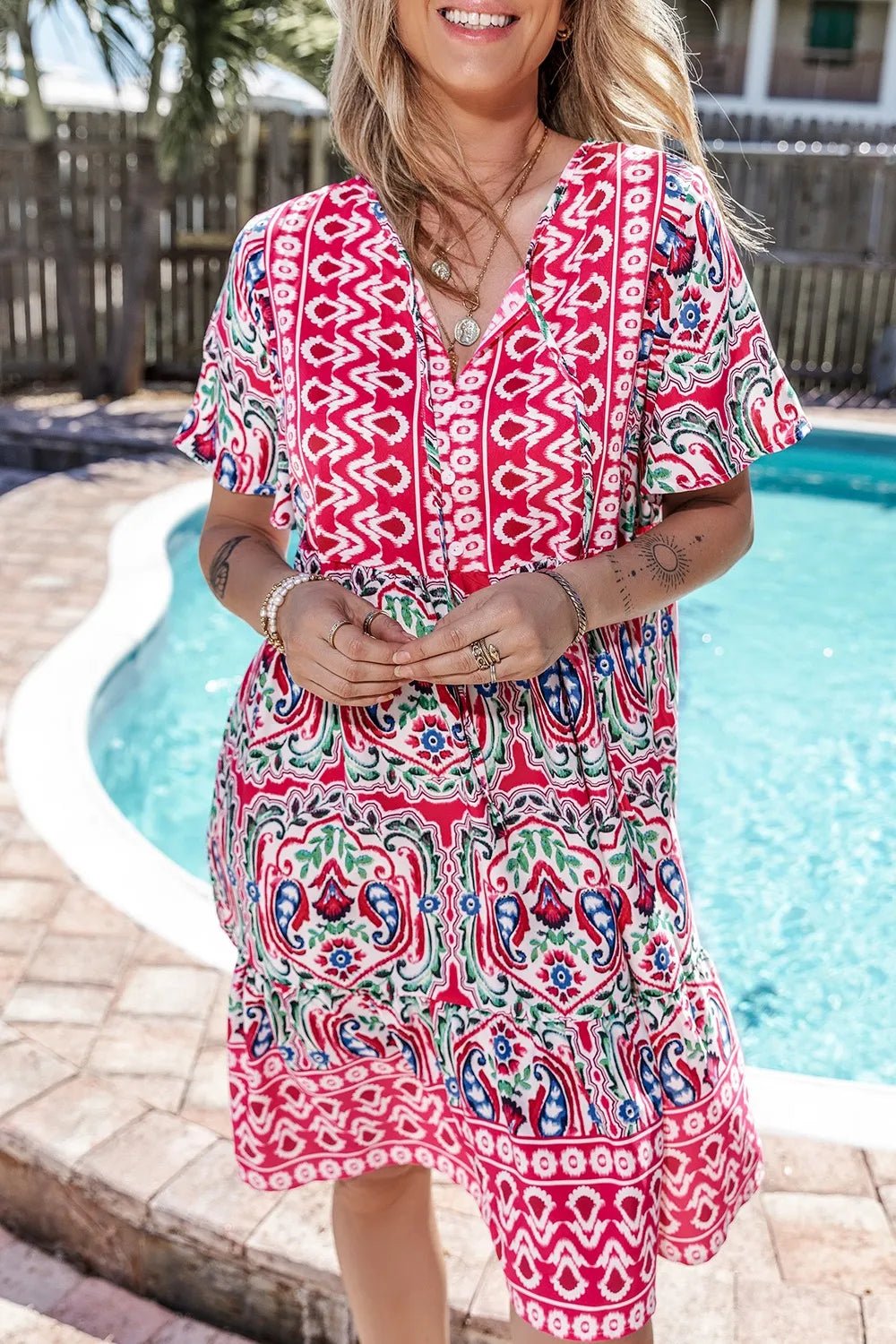 Printed Tie Neck Short Sleeve Dress - Lookzlike