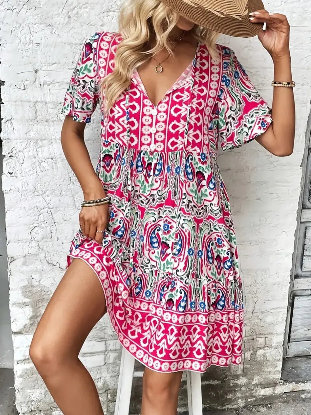 Printed Tie Neck Short Sleeve Dress - Lookzlike