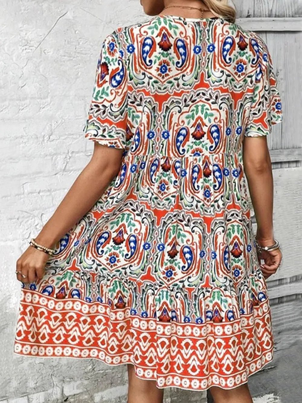 Printed Tie Neck Short Sleeve Dress - Lookzlike