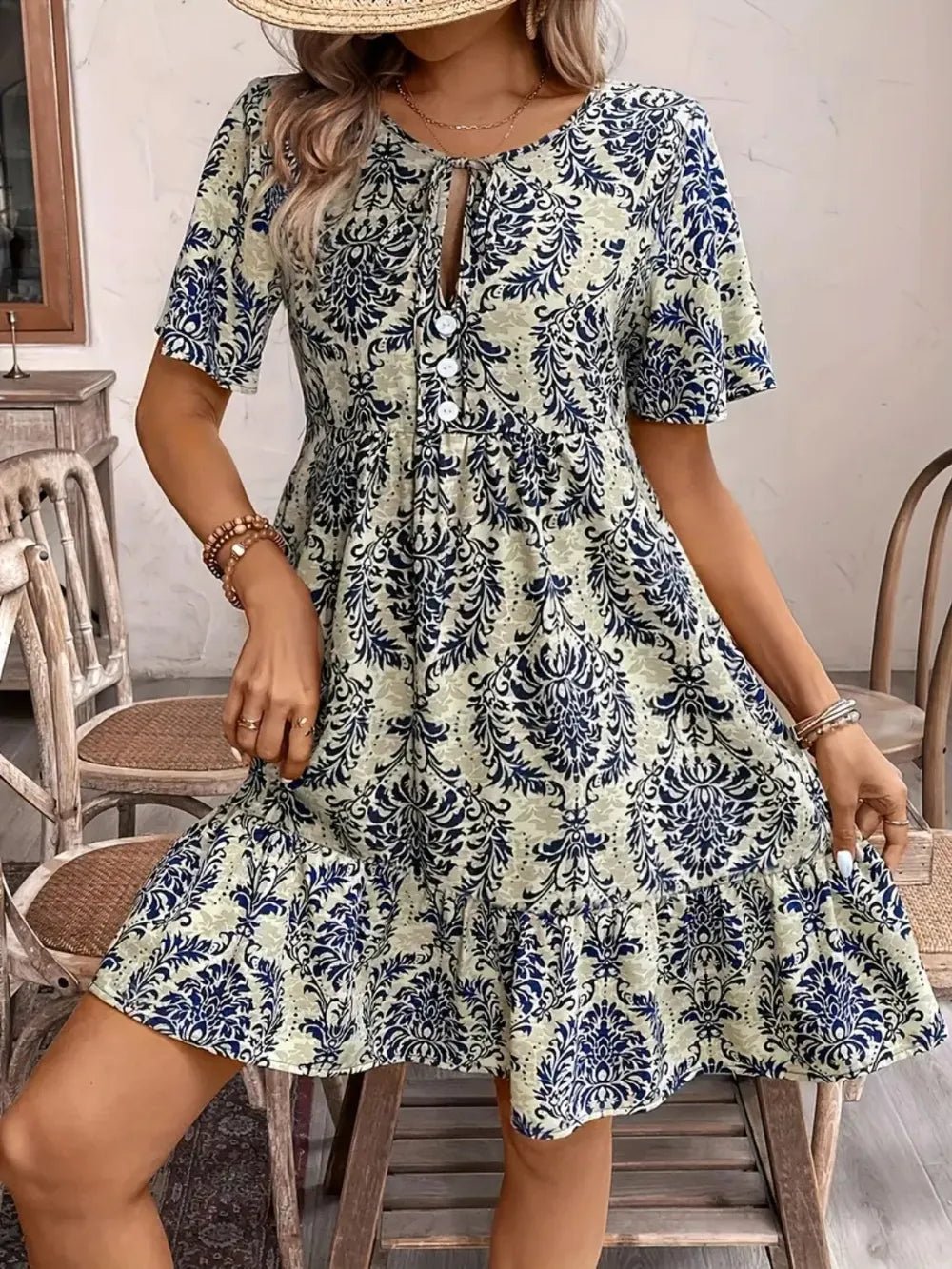 Printed Tie Neck Short Sleeve Dress - Lookzlike