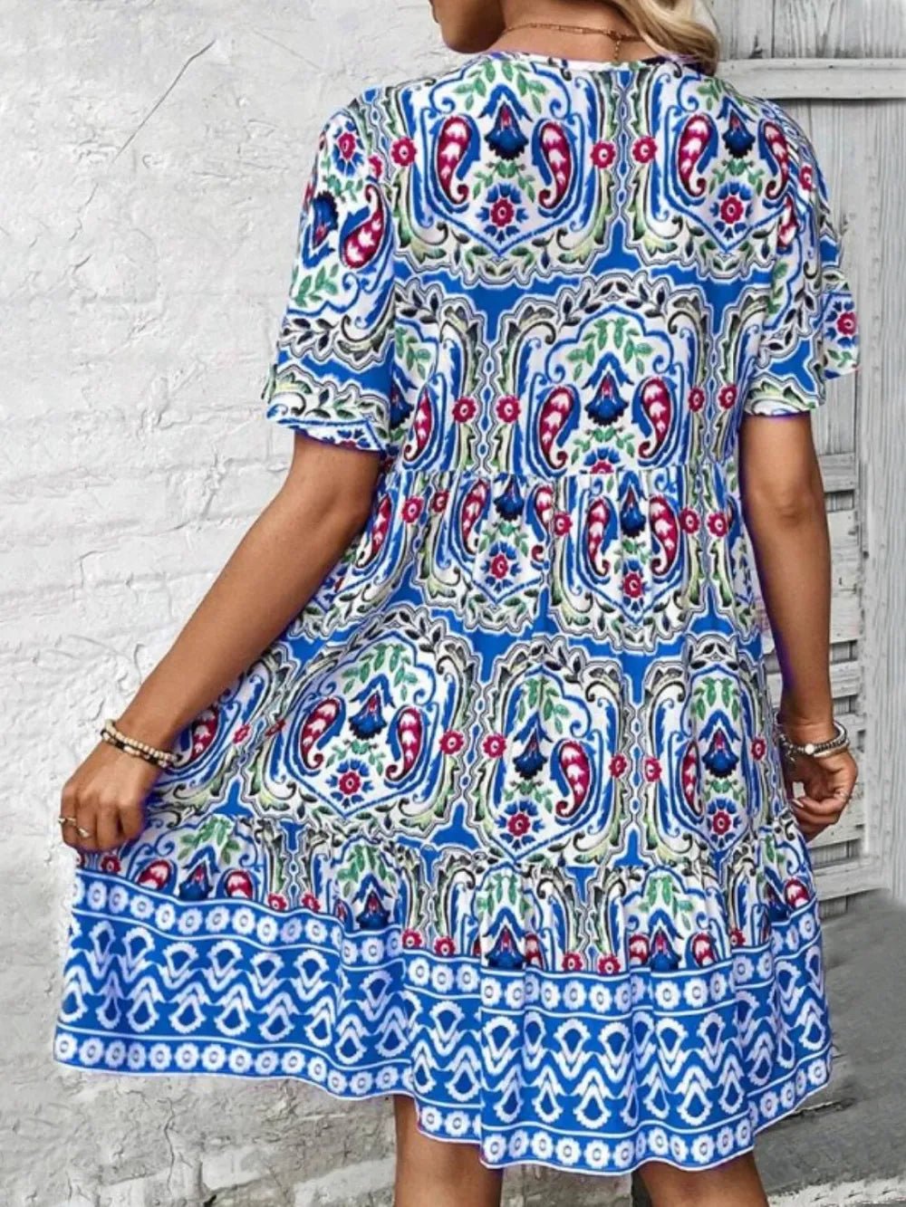Printed Tie Neck Short Sleeve Dress - Lookzlike