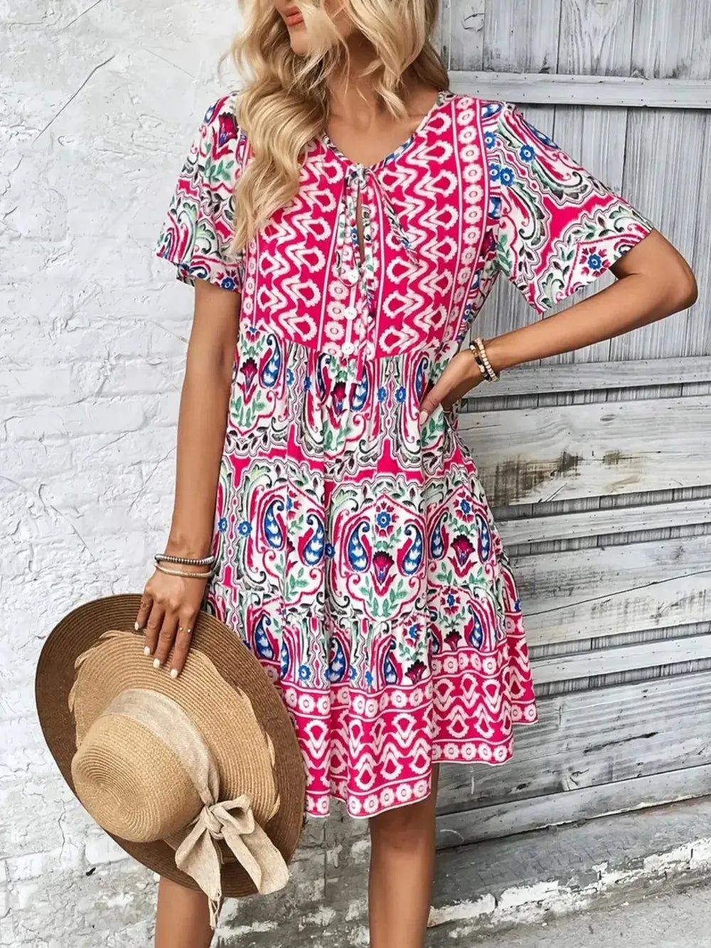 Printed Tie Neck Short Sleeve Dress - Lookzlike