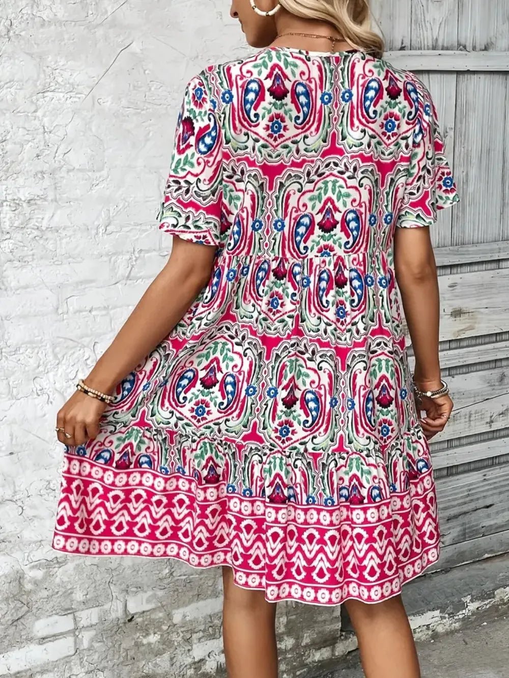Printed Tie Neck Short Sleeve Dress - Lookzlike