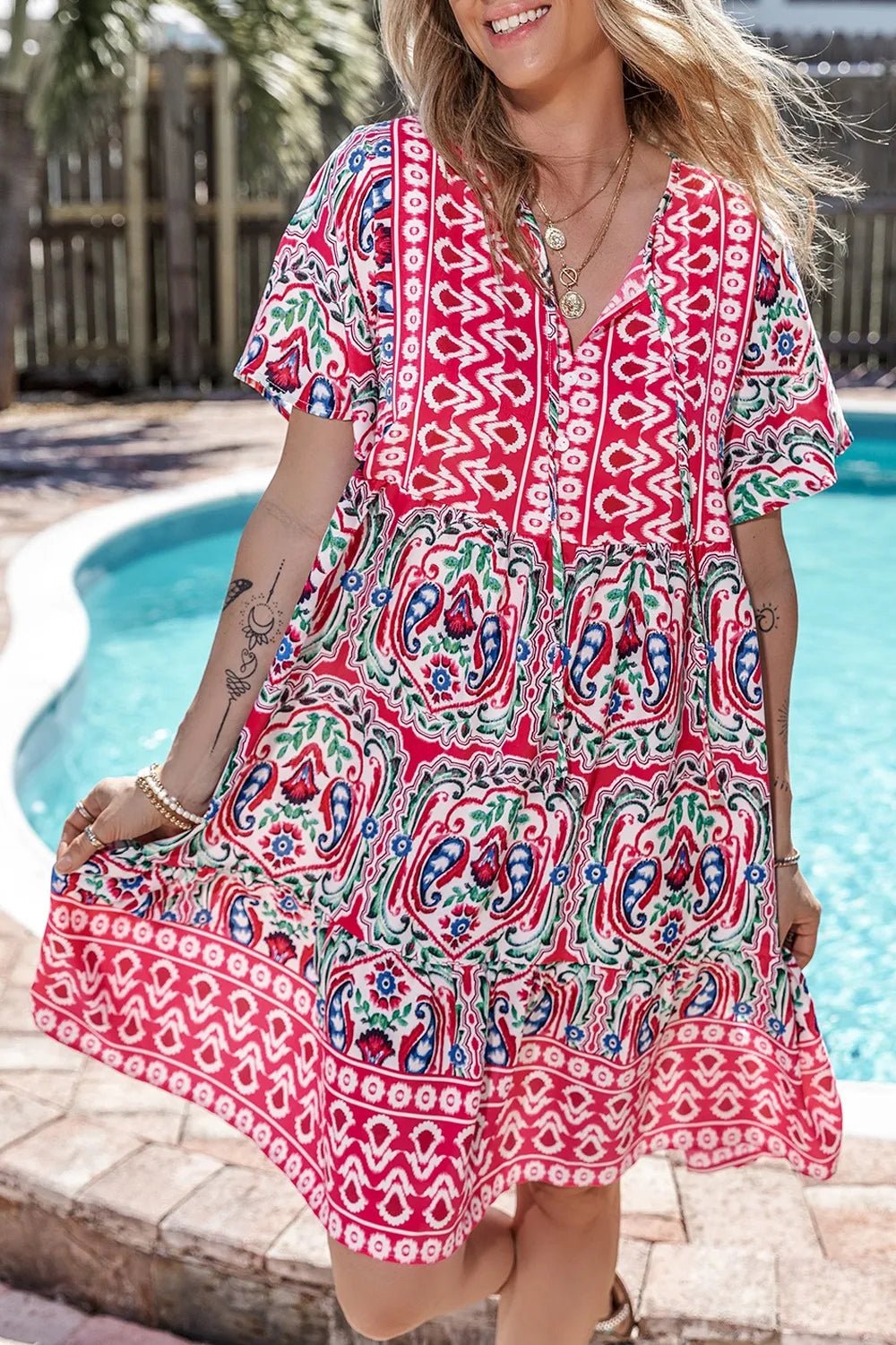 Printed Tie Neck Short Sleeve Dress - Lookzlike