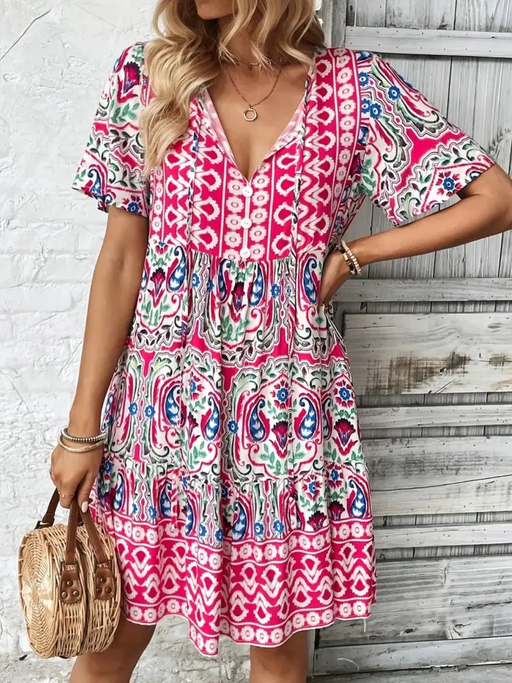Printed Tie Neck Short Sleeve Dress - Lookzlike