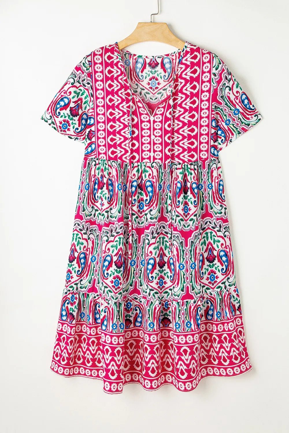 Printed Tie Neck Short Sleeve Dress - Lookzlike