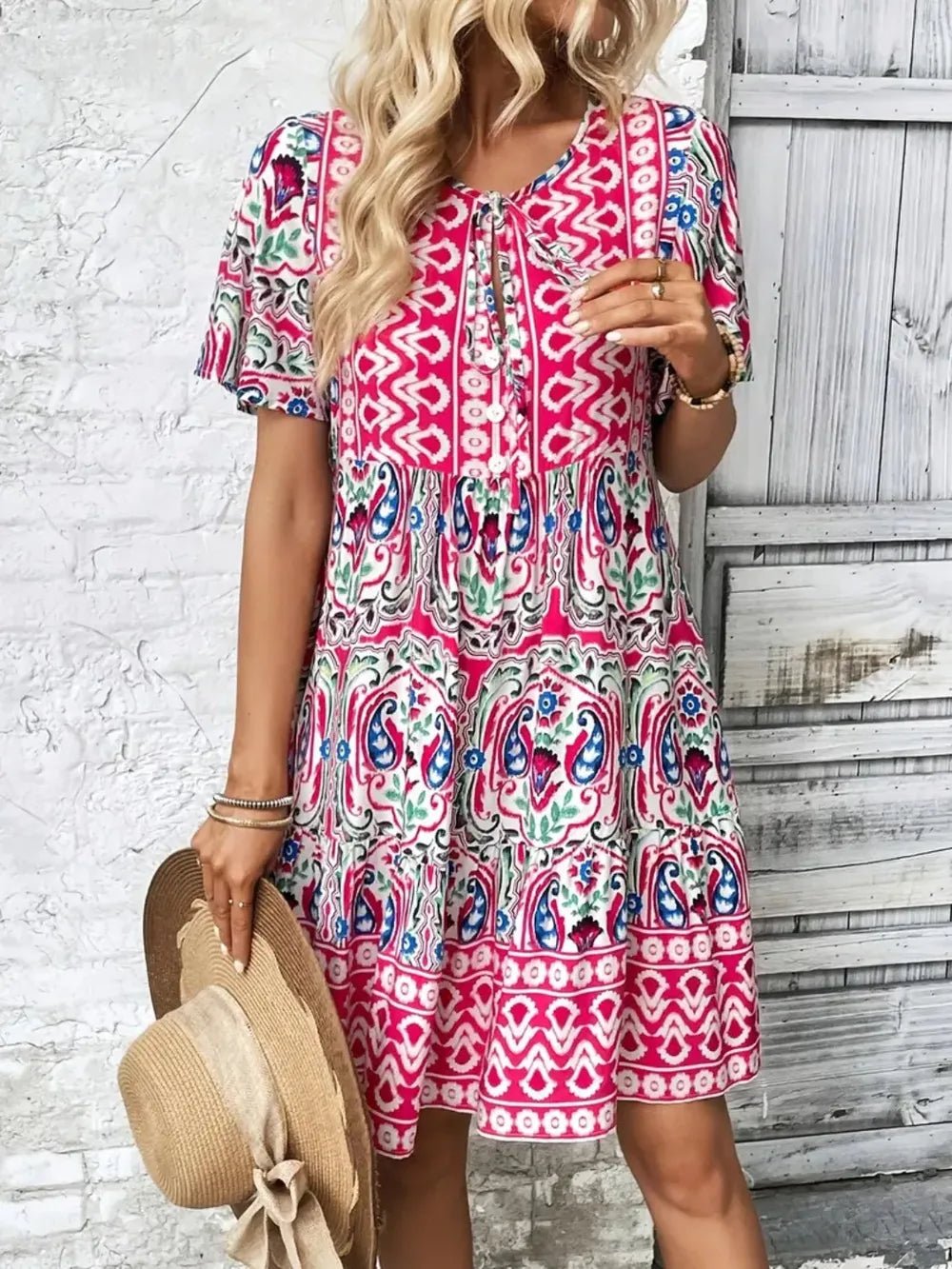 Printed Tie Neck Short Sleeve Dress - Lookzlike