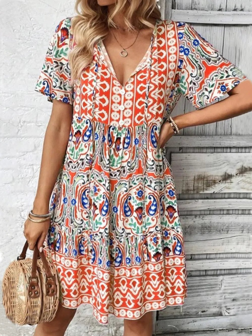 Printed Tie Neck Short Sleeve Dress - Lookzlike