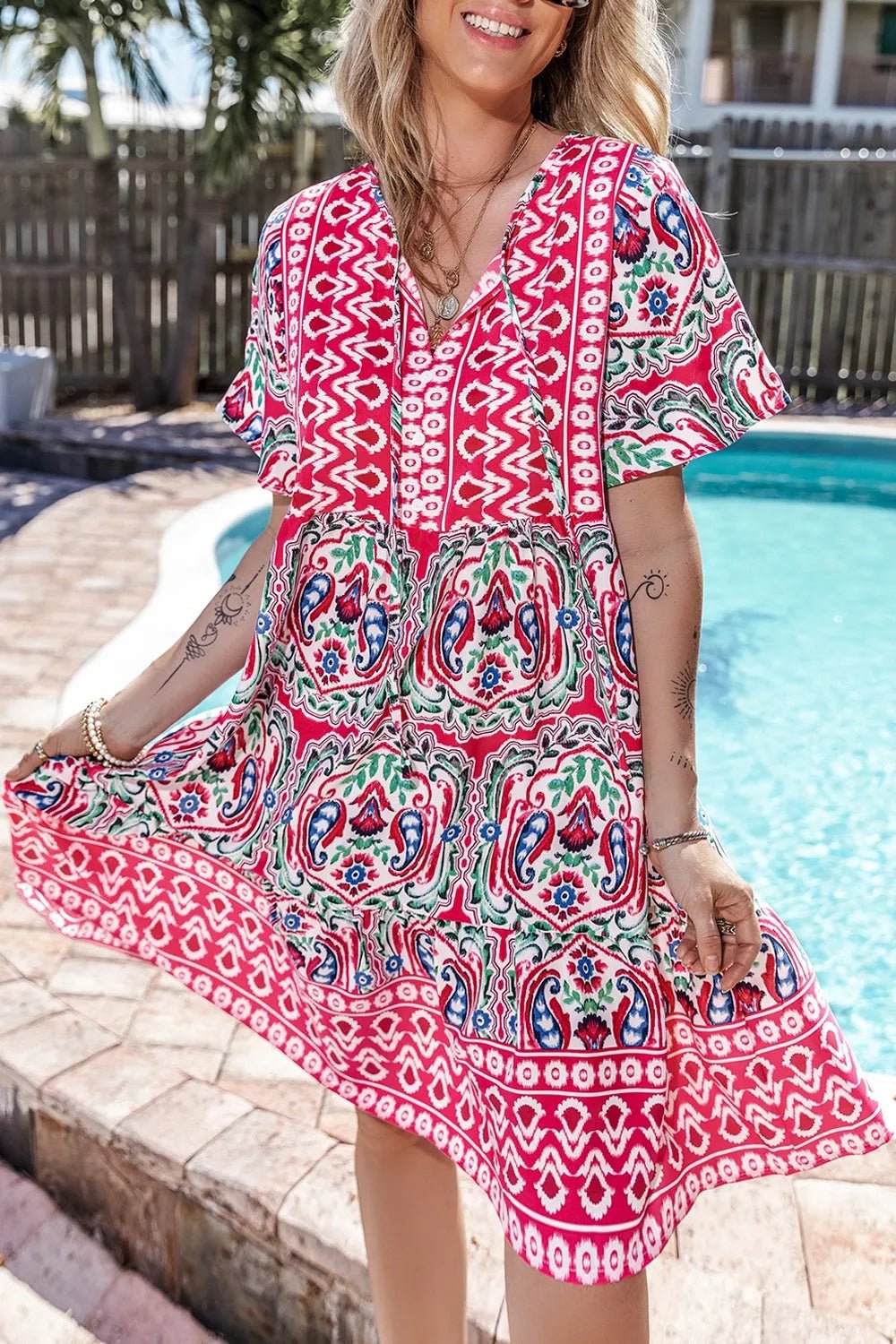 Printed Tie Neck Short Sleeve Dress - Lookzlike