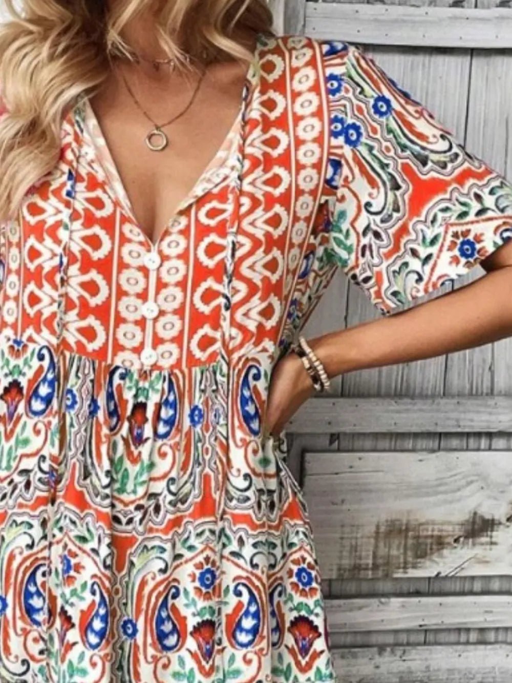 Printed Tie Neck Short Sleeve Dress - Lookzlike