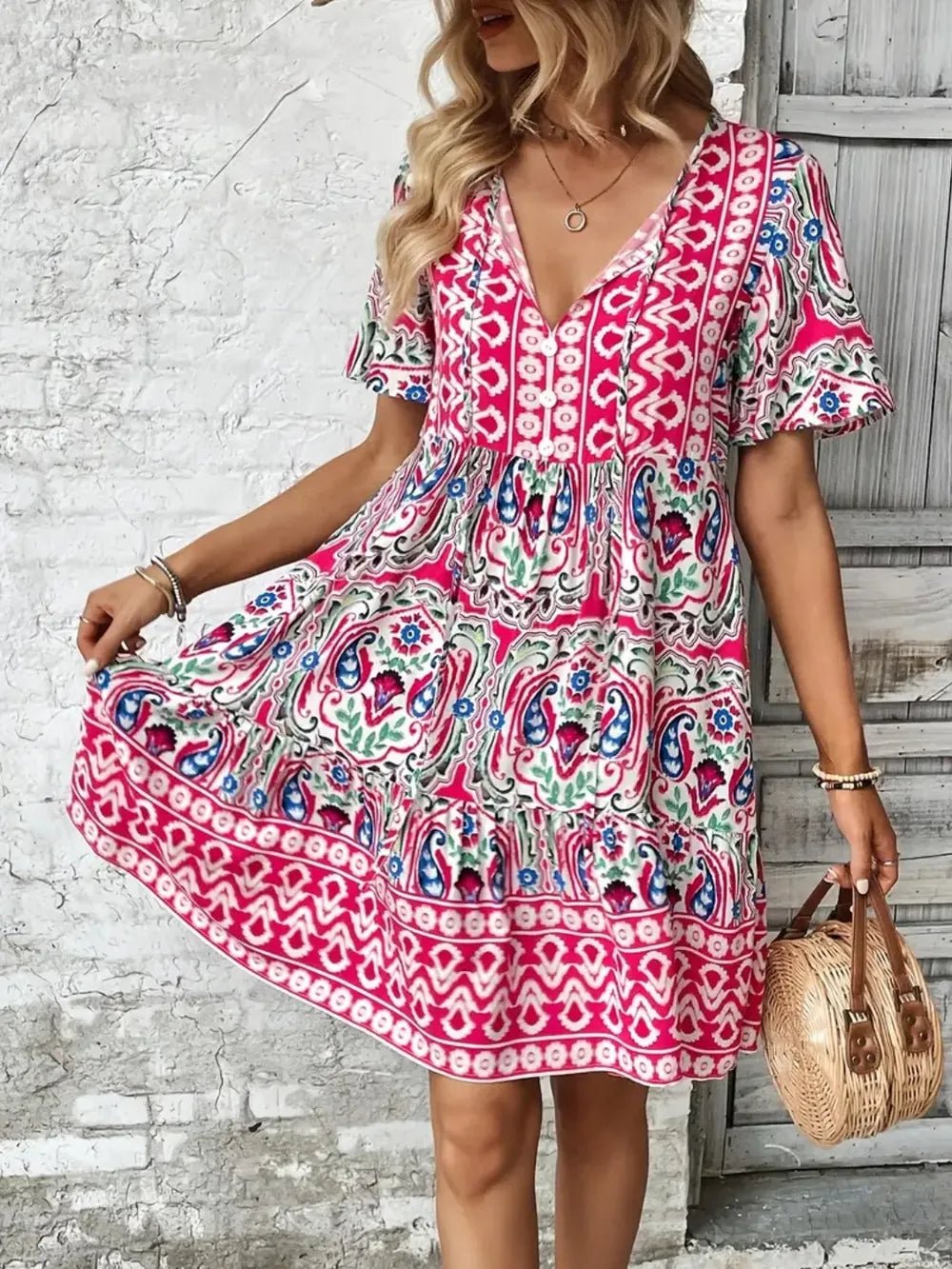 Printed Tie Neck Short Sleeve Dress - Lookzlike
