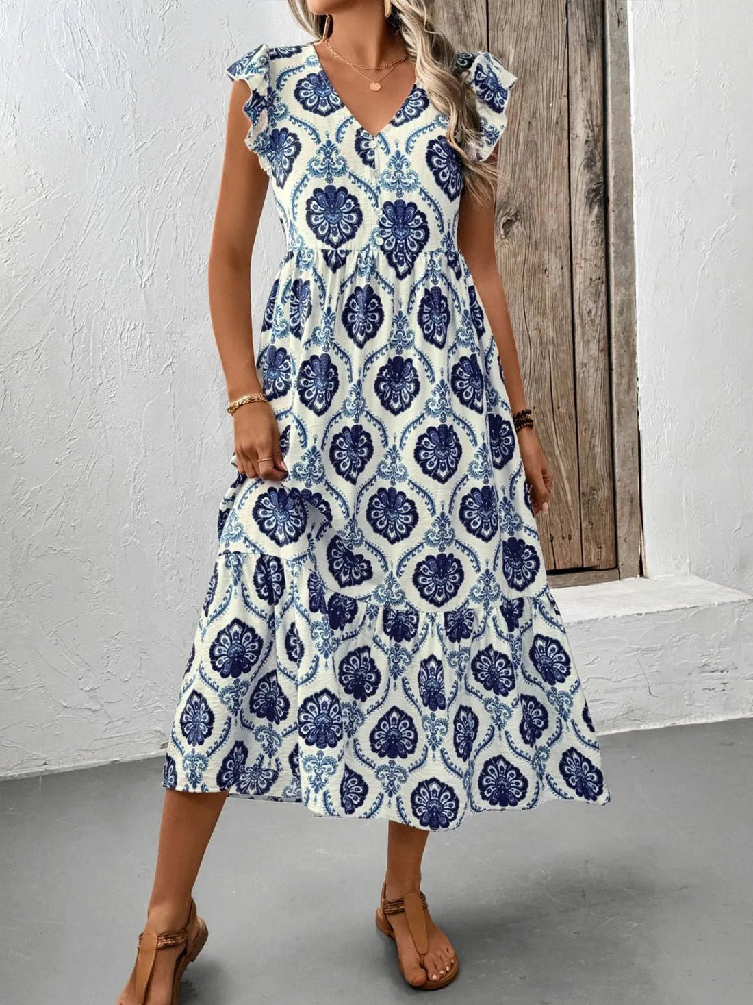 Printed V-Neck Cap Sleeve Dress - Lookzlike