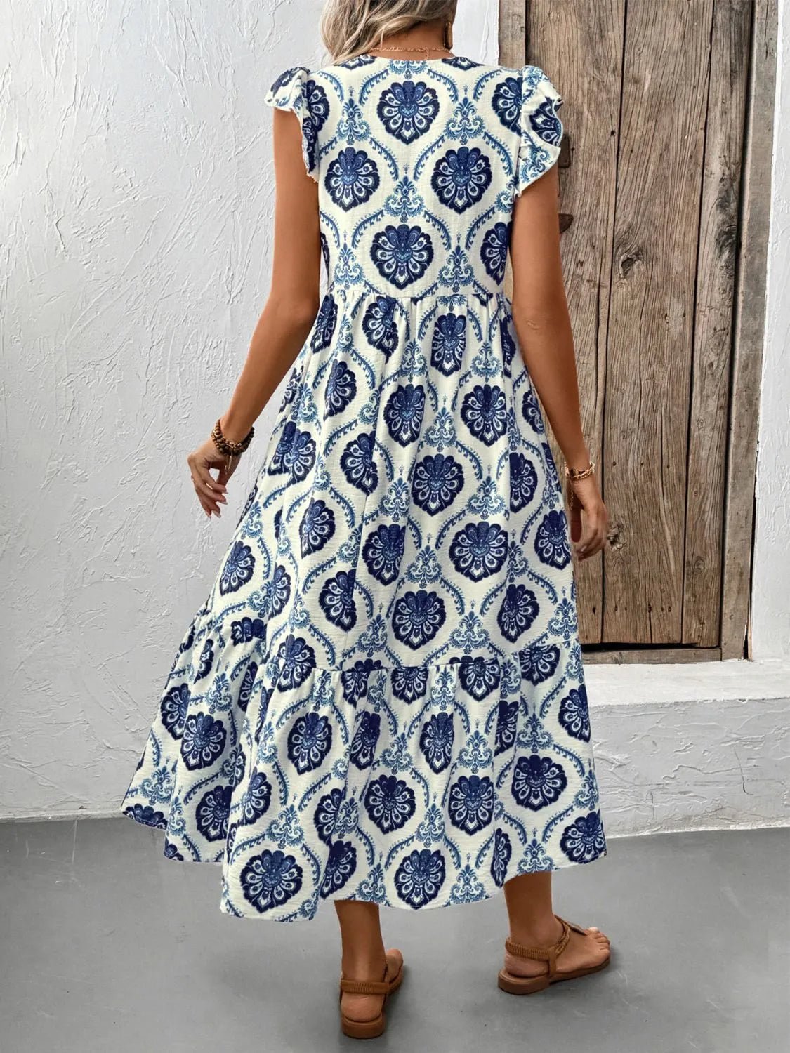Printed V-Neck Cap Sleeve Dress - Lookzlike