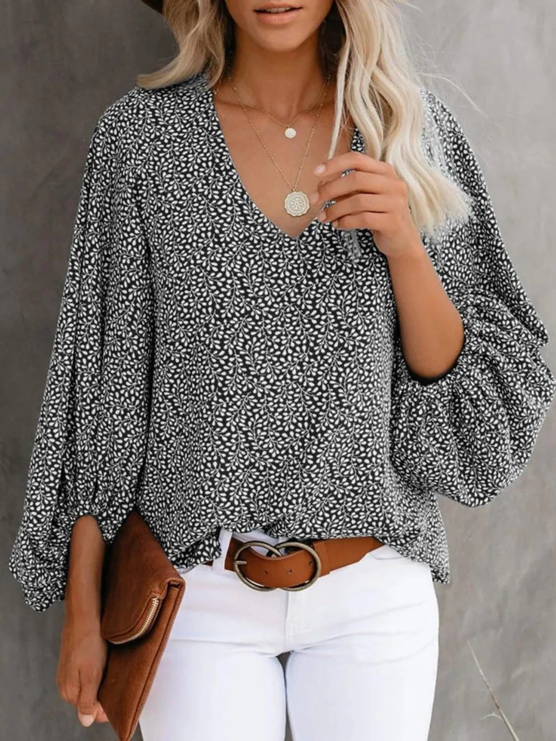 Printed V-Neck Long Sleeve Blouse - Lookzlike