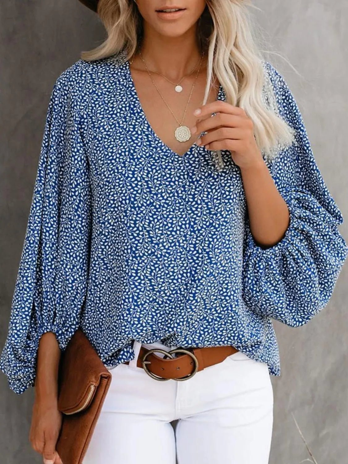 Printed V-Neck Long Sleeve Blouse - Lookzlike